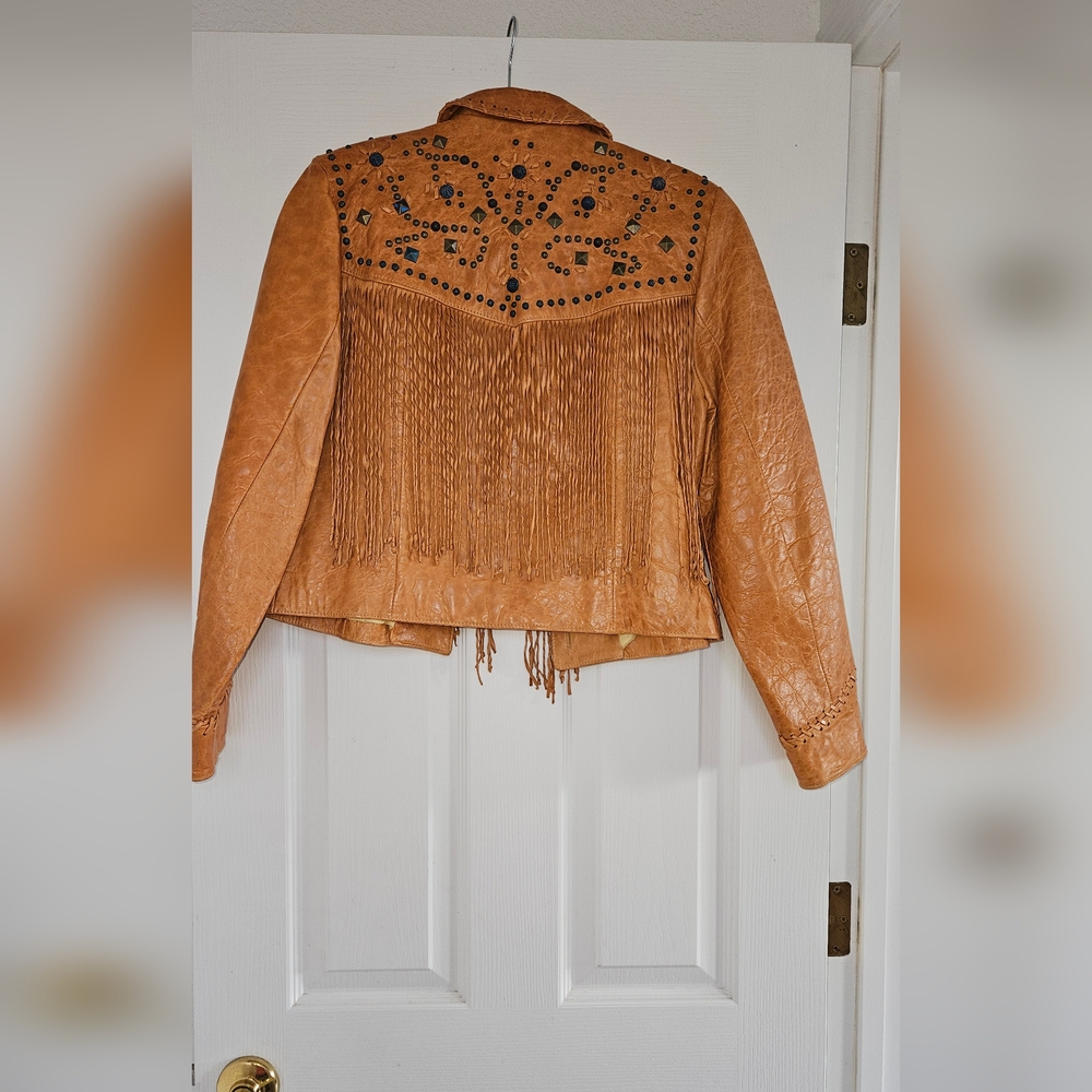 Double D Ranch Texas Brown Fringe Leather Jacket Women size S